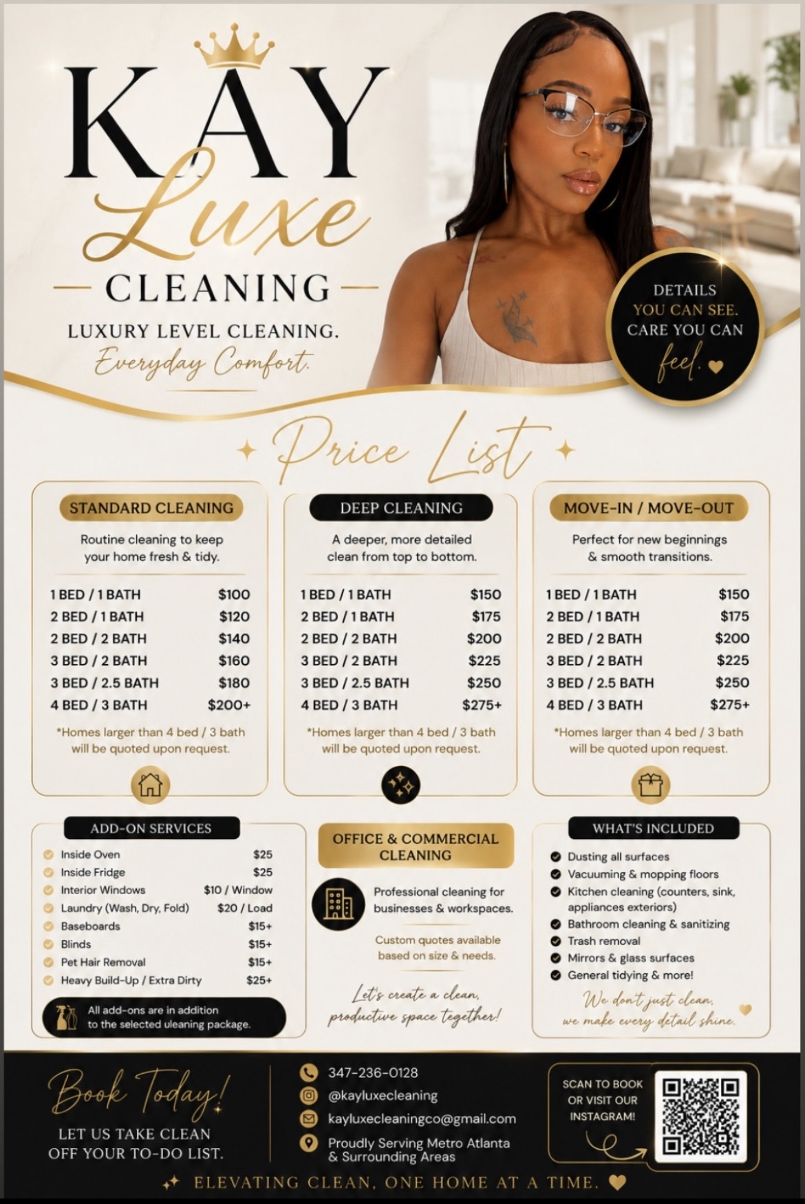 Kay Luxe Cleaning services and pricing flyer
